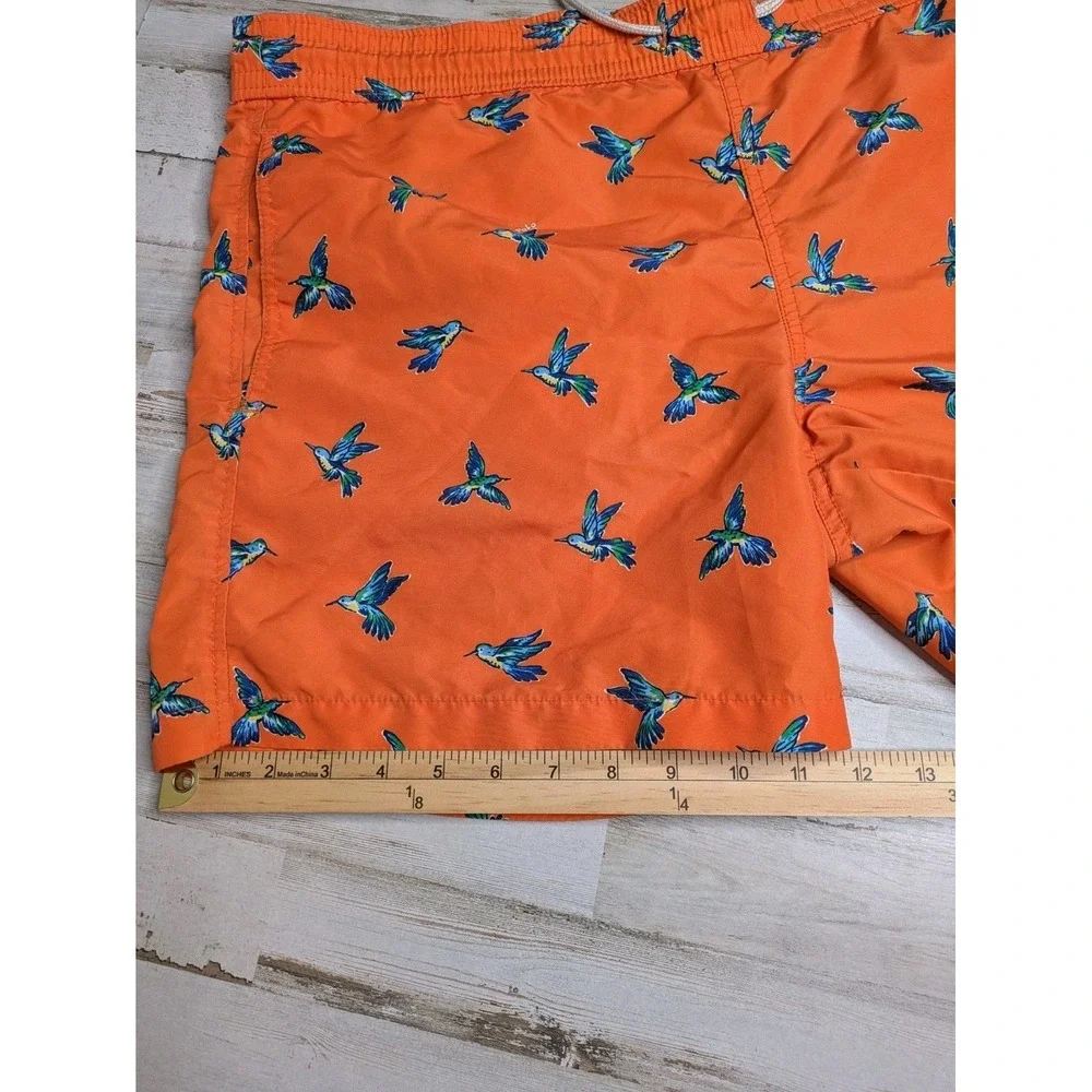 Polo Ralph Lauren Swim Trunks Mens M Hummingbird Print Orange Drawstring Beach